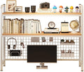 Desktop Hutch Bookshelf, 2-Tier Metal Desk Shelf with Grid Panel, Wooden Desktop Display Rack for Computer Monitor, Countertop Storage Organizer for Office Home Dorm (115cm White)