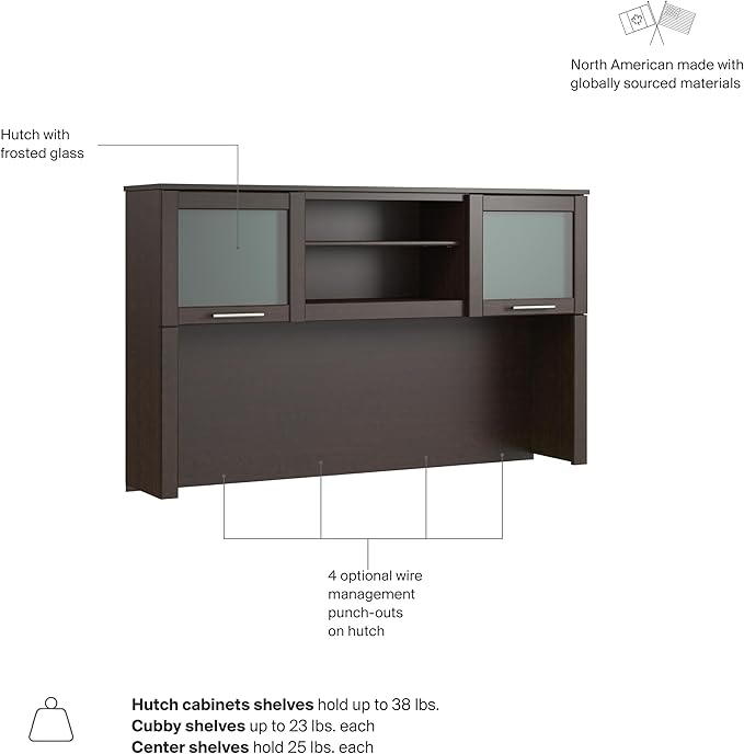 Bush Home 60-Inch Desk Hutch, Office Storage Organizer with Shelves, Cubbies and Frosted Glass Doors for Computer Desk, Home Office Furniture, Somerset Collection, Mocha Cherry