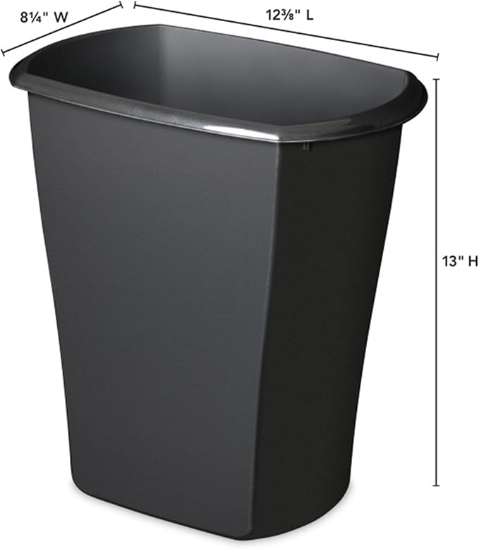 Sterilite 3 Gallon Rectangular Wastebasket, Small Plastic Trash Can for The Bathroom, Bedroom, Dorm Room or Home Office, Black, 6-Pack