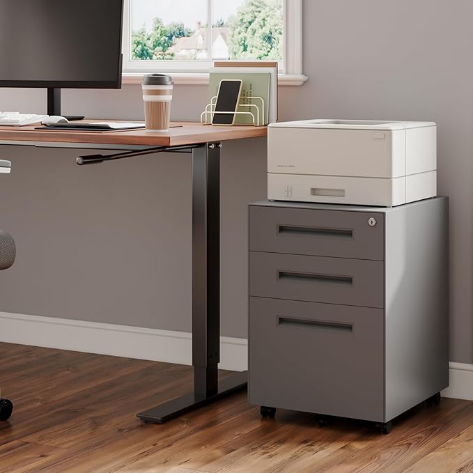 Dripex 3 Drawer Grey File Cabinet, Mobile Under Desk Storage File Cabinet with Lock on Wheels, Fully Assembled, Letter/Legal Size, Small Short Vertical Metal Rolling Filing Cabinets for Home Office