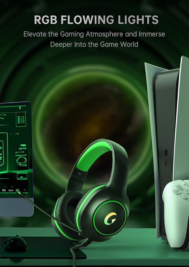 syndesmos CM7002 Gaming Headset for PS5, PS4, PC, Mac, Switch, Xbox Series, Surround Sound RGB Gaming Headphones with Noise Canceling Microphone, 50MM Dynamic Drivers, 3.5MM Audio Jack, Black Green