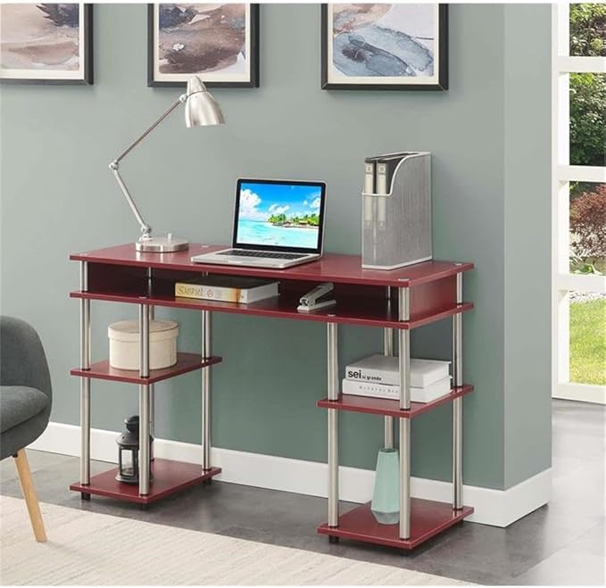 Convenience Concepts Designs2Go No Tools Desk Home Office Desk with Shelves, Corner Shelf Vanity Desk Computer Desk Nail Table for Nail Tech - 47.25" L x 15.75" W x 30" H, Dark Cranberry Red