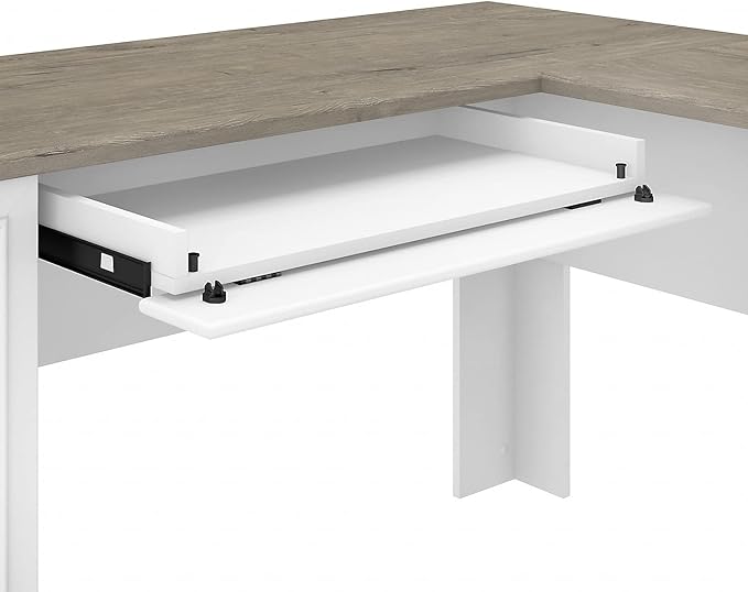 Bush Furniture Fairview 60W L Shaped Desk with Hutch, Lateral File Cabinet and 5 Shelf Bookcase in Pure White and Shiplap Gray