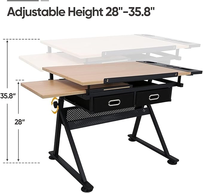 Drafting Table Drawing Desk Art&Craft Work Station Height Adjustable Tilting Tabletop Craft Table Desk w/Stool and 2 Storage Drawers for Home Office Study Room, Natural
