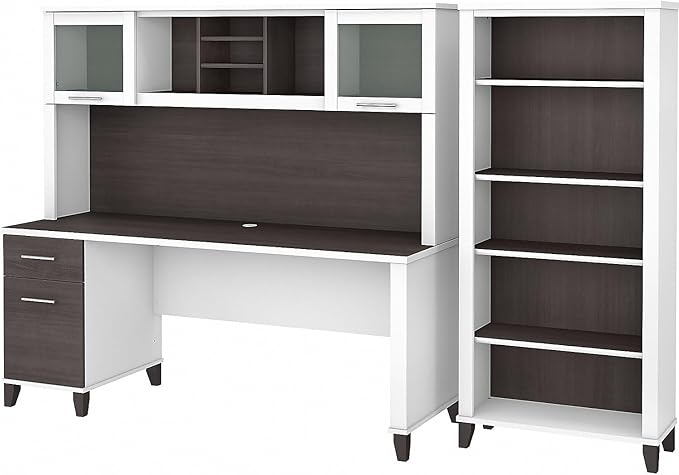 Bush Home Somerset 72W Office Desk with Hutch and 5 Shelf Bookcase in White and Storm Gray