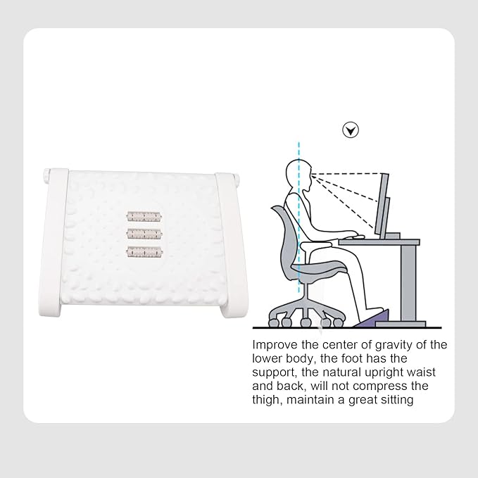 Ergonomic Footrest Height Adjustable Under Desk with Massage Texture Roller - Office Use (White)