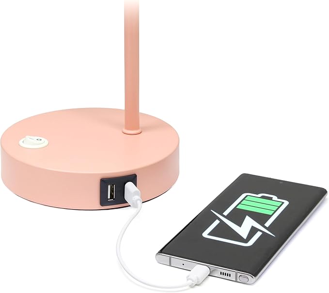 Simple Designs LD1074-BPK 15.75" Sleek Essentials Modern Industrial Netal Desk Lamp with Clear Glass Shade and Dual USB Ports, for Office, Desk, Nightstand, Dorm, Blush Pink