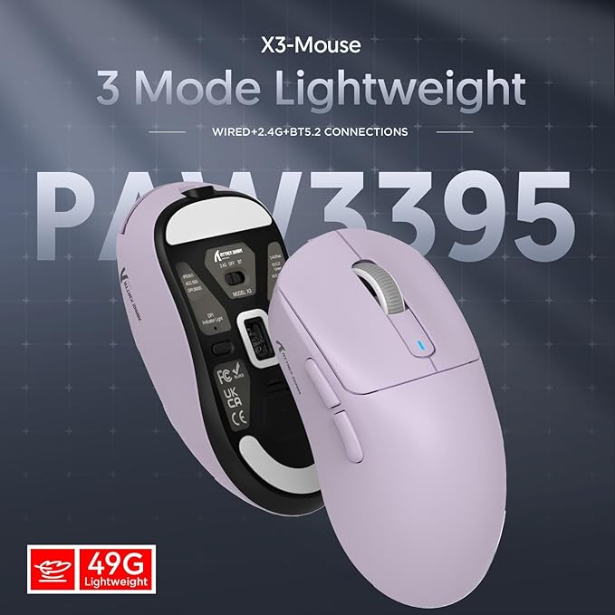 ATTACK SHARK X3 Wireless Gaming Mouse, 49g Ergonomic Computer Mouse, Triple Modes PAW3395 26K DPI Optical Sensor, 200h Battery Life, Programmable Buttons, Gaming Accessories for PC/Laptop/Mac (Purple)