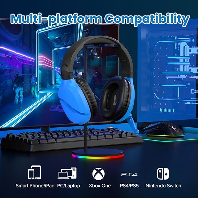 WolfLawS Wireless Gaming Headset with Noise Canceling Microphone for PS5, PC, PS4, 2.4G/Bluetooth Gaming Headphones with USB and Type-c Connector, Wired Mode for Controller - Blue