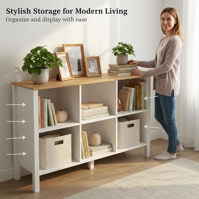 6-Cube Bookcase, Farmhouse Wooden Bookshelf Low Storage Organizer, 45" Horizontal White Console with Legs, Hallway Book Case for Entryway, Display Cabinet for Living Room (White, 6-Cube)