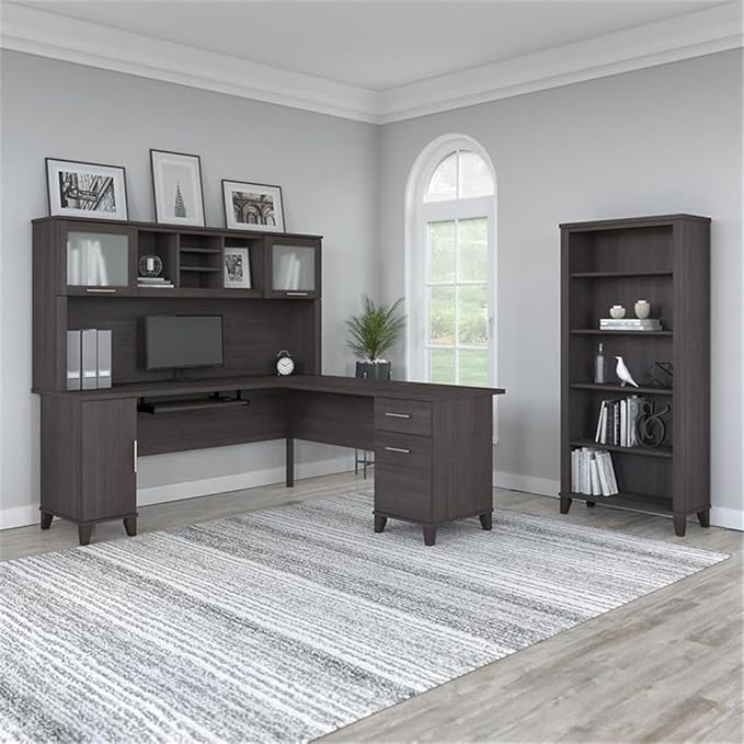 Bush Furniture Somerset 72W L Shaped Desk with Hutch and 5 Shelf Bookcase