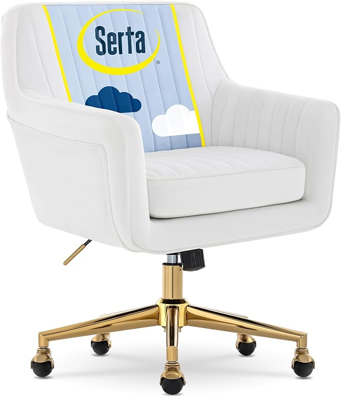 Serta Ashleigh Modern Office Chair, Channel-Tufted Design, Pocket Coil Seat Cushion, Stylish Mid-Century Accent Armchair, Women's Vanity or MakeupChair, Polished Gold Swivel Base, White Velvet Fabric