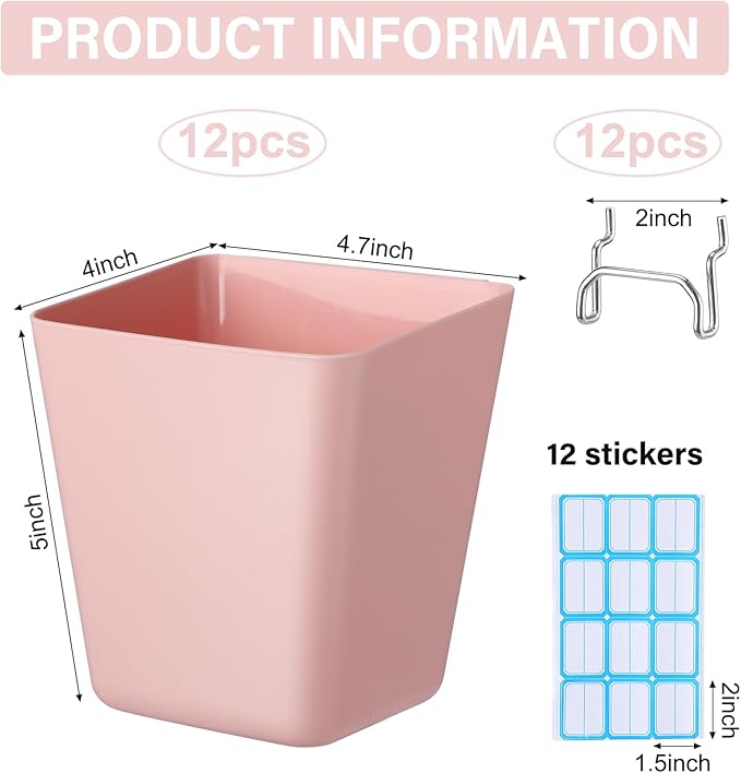 Namalu 12 Pack Pegboard Storage Bins with Labels and Hooks Bulk Peg Board Organizer Accessories Hanging Cup Organizer Pegboard Cup Holder (Pink)