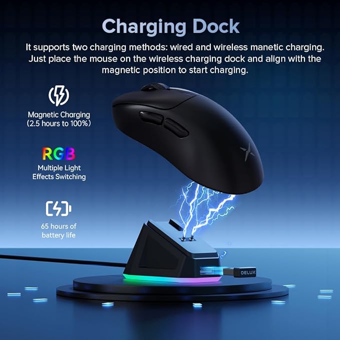 DELUX M500PRO Lightweight Wireless Gaming Mouse, 58.5g Lightweight, PAW3395 Sensor, 8000Hz Polling Rate, Huano Switches, Magnetic Charging Dock, RGB, Tri-Mode, 26000 DPI for PC Laptop Gamers (Black)