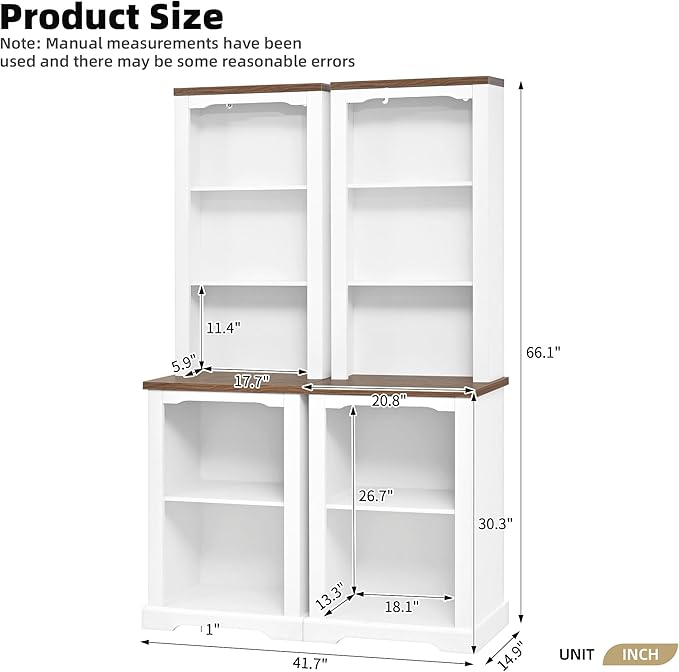 ON-Trend Two-Piece Elegant Freestanding Tall Cabinet with Fully Open Storage, Walnut Element Bookshelves with Curved Design, Stylish Display Bookcase with Anti-Tip Device for Living Room, White Refi