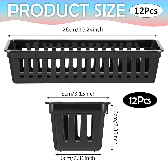 12 Pack Slim Plastic Storage Baskets Tray for Organizing, 10.24 x 3.15 x 2.36 Small Narrow Storage Bins Stackable Drawer Pencil Trays Holder for Desk Garage Cabinet Containers (Black)