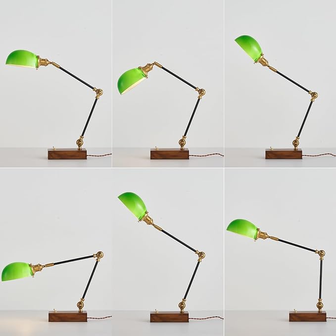 Bankers Lamp, Adjustable Traditional Green Desk Lamp with Solid Ash Wood Base, Green Glass Antique Library Lamp with Power Cord Switch, Plug in Vintage Bankers Desk Lamp for Office 【E26 Socket】