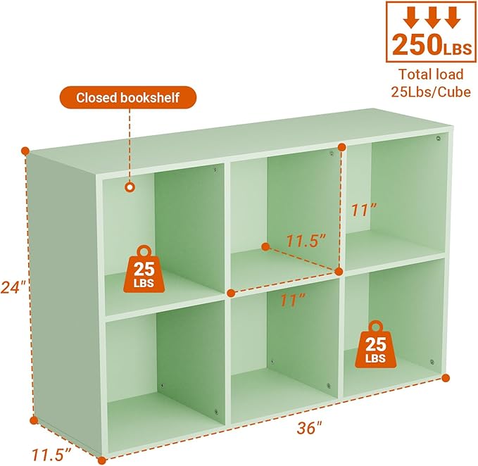 Wooden 6 Cube Storage Organizer with Closed Back Panel, Modern Open Cube Storage Shelf Bookshelf with Compartments, Cube Shelf Organizer for Living Room, Bedroom, Study Room (Green)