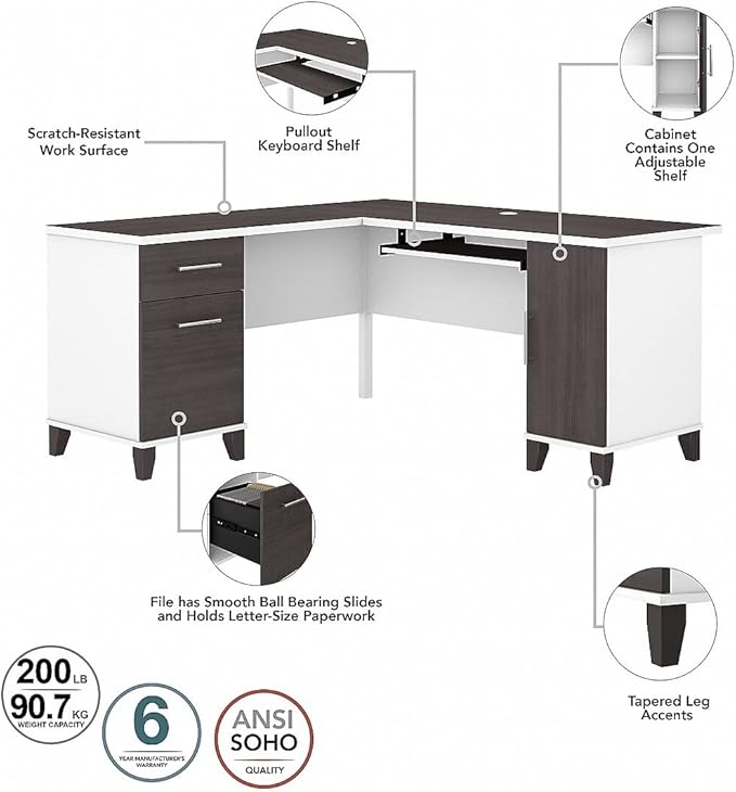 Bush Home Somerset 60W L Shaped Desk with Hutch and 5 Shelf Bookcase in White and Storm Gray