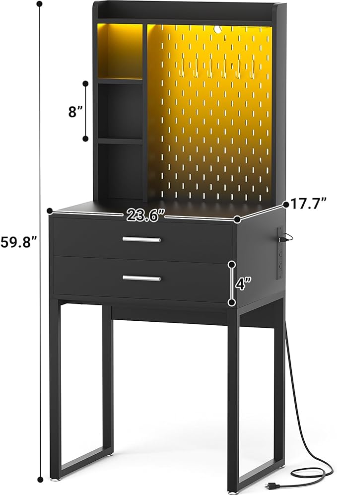 Besiost Small Vanity Desk with Hutch and Drawers, Black Makeup Vanity Desk with Charging Station, Vanity Table Dressing Table with LED Lights, Vanity Desk No Mirror with Pegboard for Girls Women, 24"