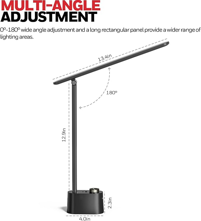 Honeywell LED Desk Lamp - Sunturalux Desk Lamps for Home Office with USB A+C Charging Ports, Stepless Dimmable Eye-Caring Foldable Desk Light for Table Bedroom Bedside Reading(Black)