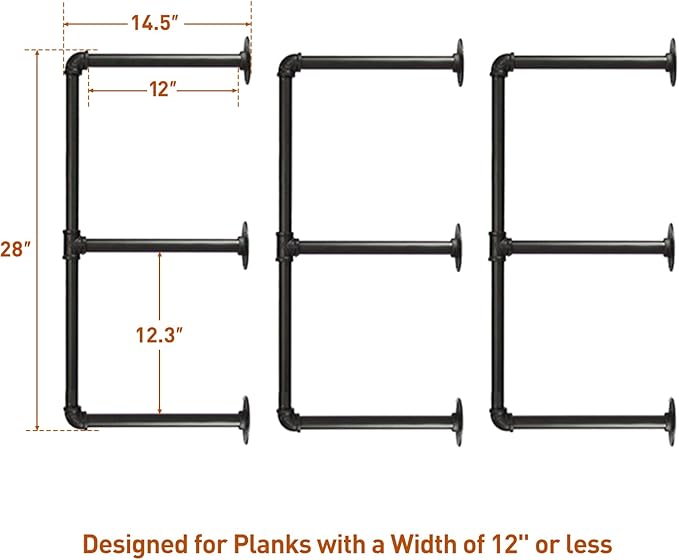 HITOMEN Industrial Iron Pipe Shelves, 3 Set 3-Tier, 28" Tall, 12" Depth, DIY Open Bookshelf Bookcase, Wall Mounted Vintage Retro Shelving, Rustic Farmhouse Pantry Kitchen Storage, Black Shelf Brackets