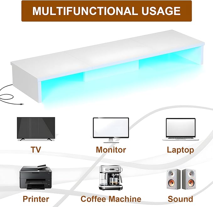 Qupui Dual Monitor Stand Riser for Desk with LED Lights, Large Computer Monitor Stand for 2 Monitors, Desk Shelf for Top of Desk, Desktop Organizer for Computer, Laptop, Printer, TV