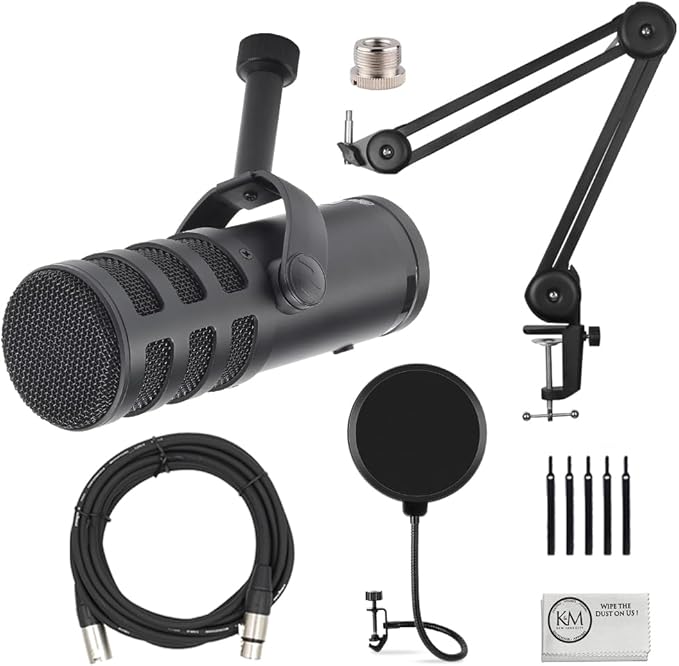 SAMSON Q9U XLR/USB Dynamic Broadcast and Podcasting Microphone Bundled with 20ft XLR Cable + Pop Filter + Microphone Arm + Microfiber Cleaning Cloth (5 Items)