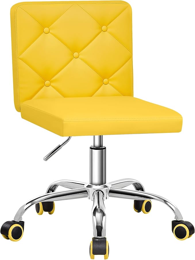 VECELO PU Leather Mid-Back Armless Vanity Chair Adjustable Height 360° Rolling Swivel for Home Office Work