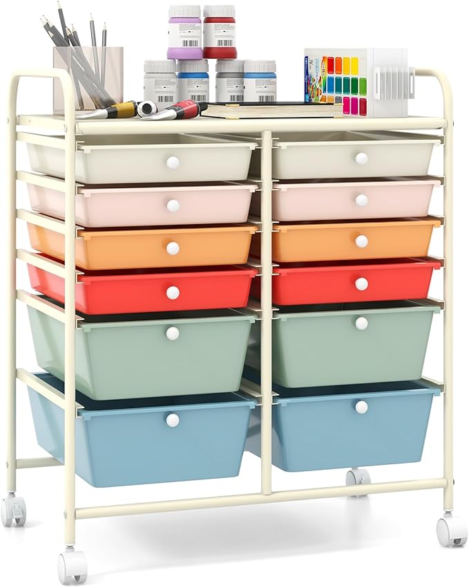 Moccha 12-Drawer Rolling Storage Cart - Utility Cart on Wheels with Lockable Casters for Craft Art Supply Paper Salon, Mobile Drawer Carts for Classroom Teacher School Office, Macaron