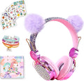 SVYHUOK Cat Ear Wireless Headphones for Kids with Mic, Bluetooth Over Ear Headset for School Cellphone Smartphones Laptop PC LED Light,Wired Headset for School Home (Violet Ball)