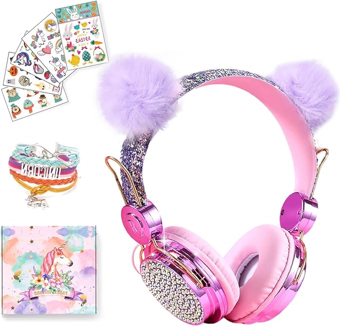 SVYHUOK Cat Ear Wireless Headphones for Kids with Mic, Bluetooth Over Ear Headset for School Cellphone Smartphones Laptop PC LED Light,Wired Headset for School Home (Violet Ball)