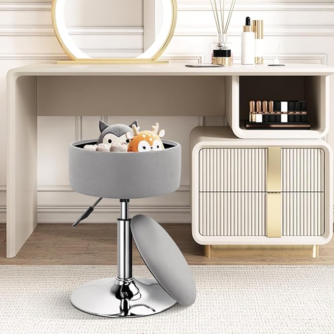 KKTONER Velvet Round Vanity Stool with Storage Height Adjustable Makeup Chair with Swivel Base Non-Slip Small Vanity Stool for Spa Salon Dressing Room Bedroom (Gray)