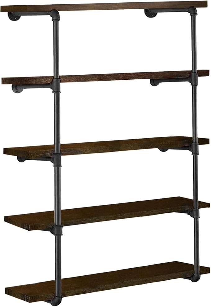HITOMEN Industrial Iron Pipe Shelves, 2 Set 5-Tier, 55" Tall, 12" Depth, DIY Open Bookshelf Bookcase, Wall Mounted Vintage Retro Shelving, Rustic Farmhouse Pantry Kitchen Storage, Black Shelf Brackets