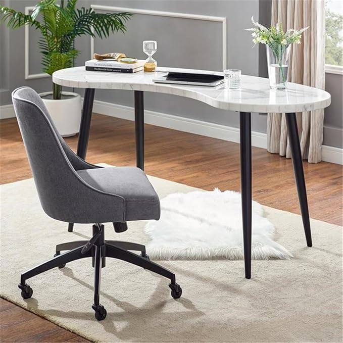 Pemberly Row Desk and Chair Set, 60 in White Marble Desk with Ebony Legs, Gray Upholstered Swivel Chair, Mid-Century Modern Office Set, Adjustable Chair for Home or Workspaces