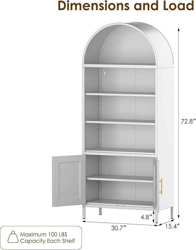 VEXPOR 73" Tall Metal Arched Bookcase with Doors, 5-Tier Arched Bookshelf with 2 Adjustable Shelves for Living Room, Home Office, Assembly Required, White