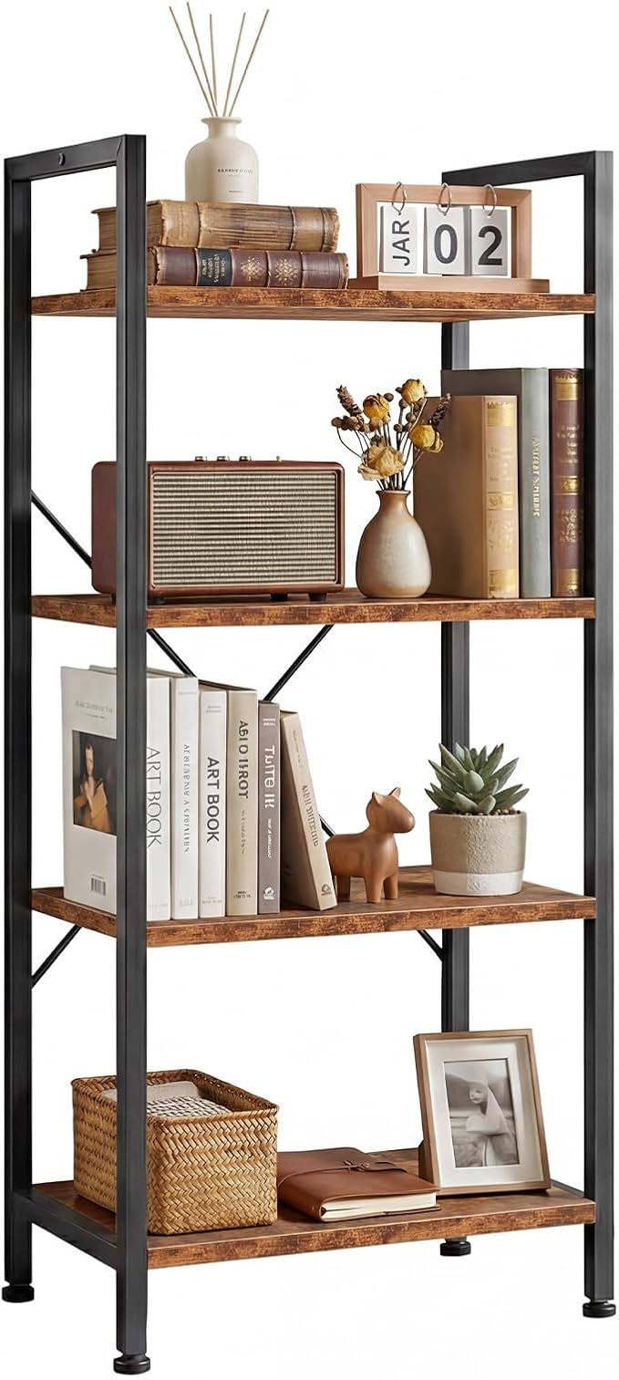 4 Tier Bookshelf, Free Standing Wooden Bookcase with Open Storage Shelves with Metal Frame, Sturdy Shelf Organization Display Rack for Living Room, Bedroom, Home Office, 39.4" Tall, Brown