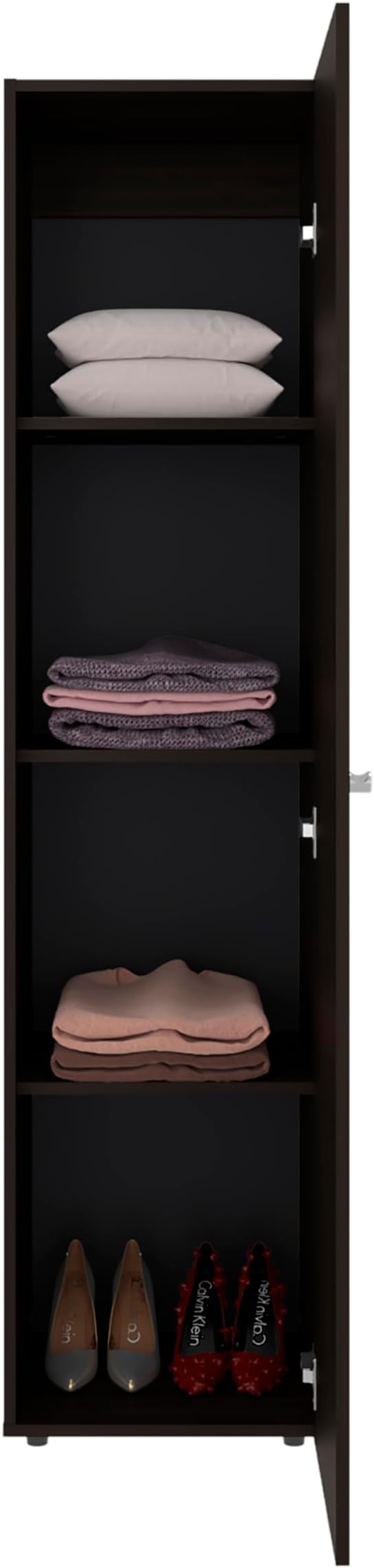 Saily Storage Cabinet with 4 Shelves and Mirror on Door, Modern Design, Walnut Mirror on Door: Includes a full-length mirror, making it convenient for quick outfit checks. Easy Access: Features a s