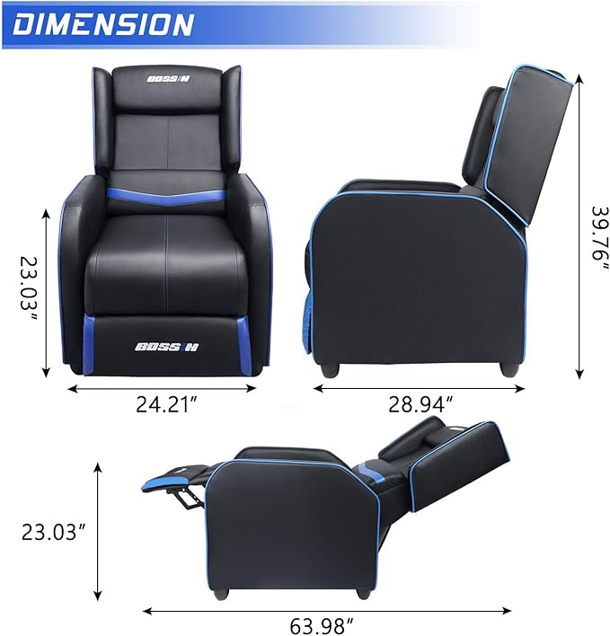 BOSSIN Gaming Recliner Chair for Adults 400lbs Racing Style Sofa Big and Tall PU Leather Recliner Seating, Modern Ergonomic Lounge Comfortable Home Movie Theater for Living Room(Blue)