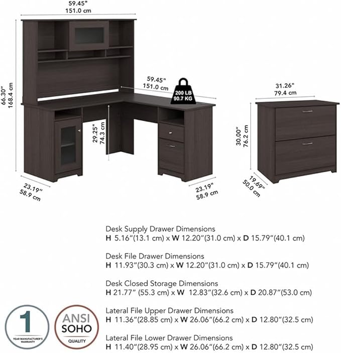 Bush Furniture Cabot 60W L Shaped Computer Desk with Hutch and Lateral File Cabinet in Heather Gray