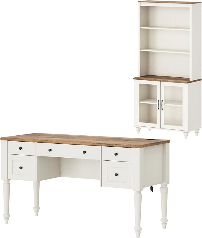WAMPAT Home Office Furniture Set, 56" Executive Desk with Charging Station, 72" Tall Bookcase with 2 Glass Doors, Wood Computer Desk with File Cabinet Storage, Open Shelf, White