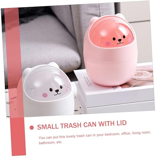 Luxshiny Cute Bear Desktop Trash Can Lid Mini Plastic Wastebasket for Home and Office Slim Garbage Bin for Bedroom and Desk