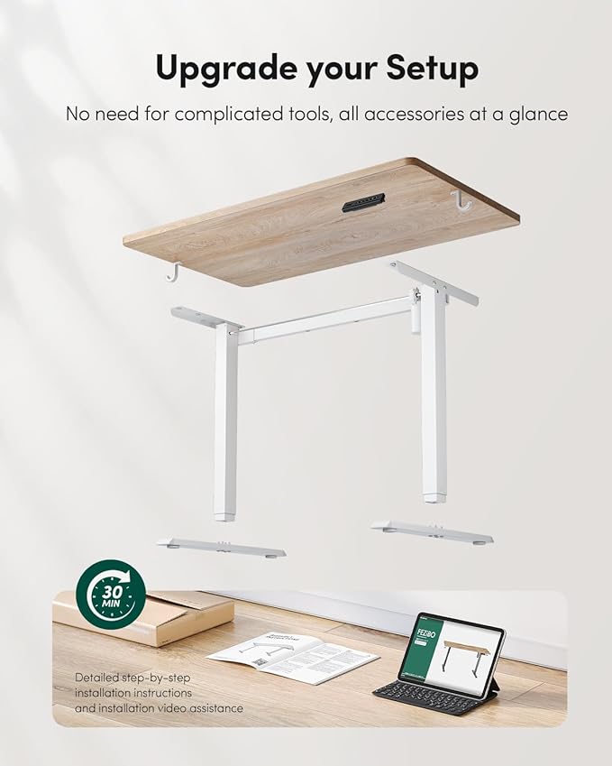 CubiCubi 40 x 24 Small One-Piece Standing Desk, Adjustable Height Electric Computer Home Office Sit Stand up Workstation, with 4 Memory Presets, Headphone Hook, Maple