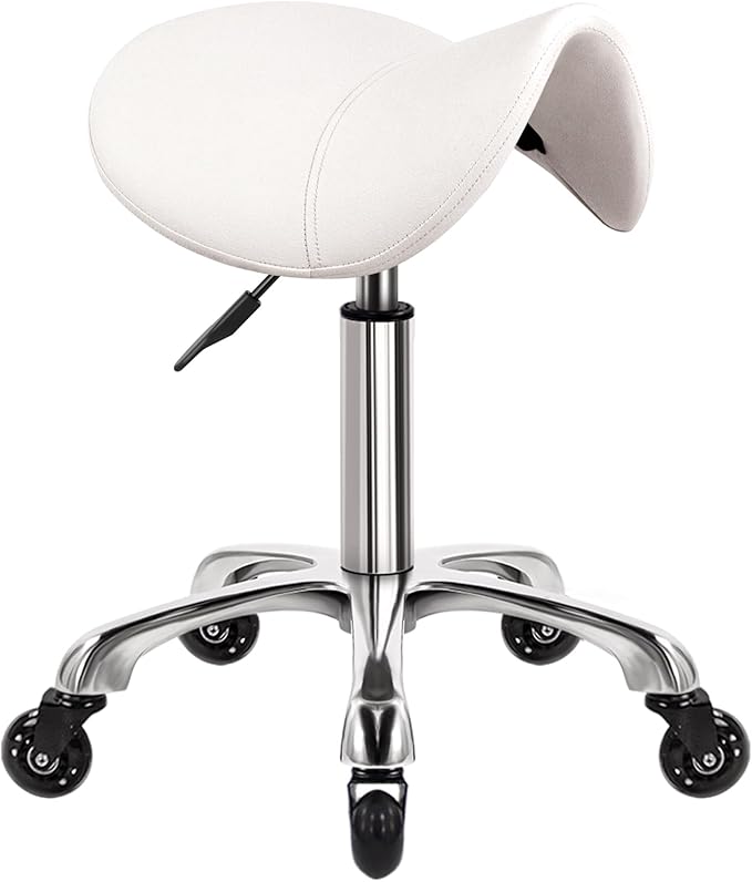 WKWKER Heavy Duty Saddle Rolling Stool with Wheels Hydraulic Swivel Adjustable Rolling Chair Ergonomic Thick Leather Seat Stool Chair for Kitchen Drafting Lab Office Salon Massage Chair – White