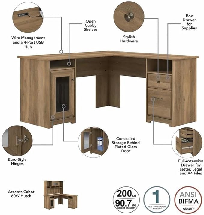 Scranton & Co Furniture Cabot L Computer Desk Set, Reclaimed Pine Finish, 60W L Shaped Desk with Hutch and 2 Drawer File Cabinet, Fluted Glass Doors, USB Hub, Home Office Storage Solution