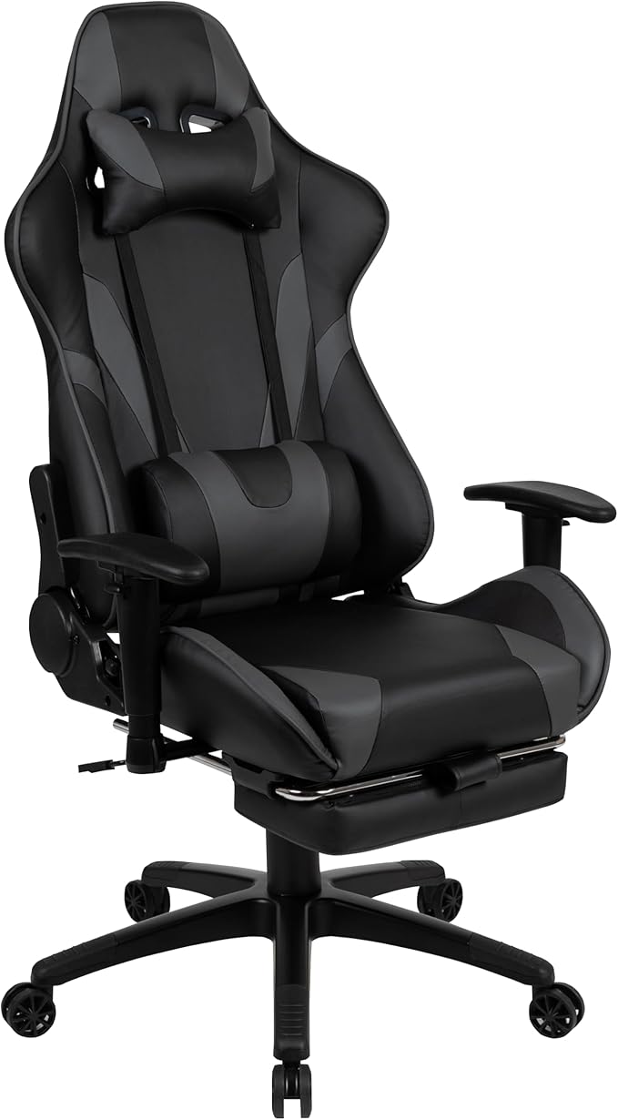 Flash Furniture Optis Gaming Desk and Gray Footrest Reclining Gaming Chair Set - Cup Holder/Headphone Hook/Removable Mouse Pad Top/Wire Management