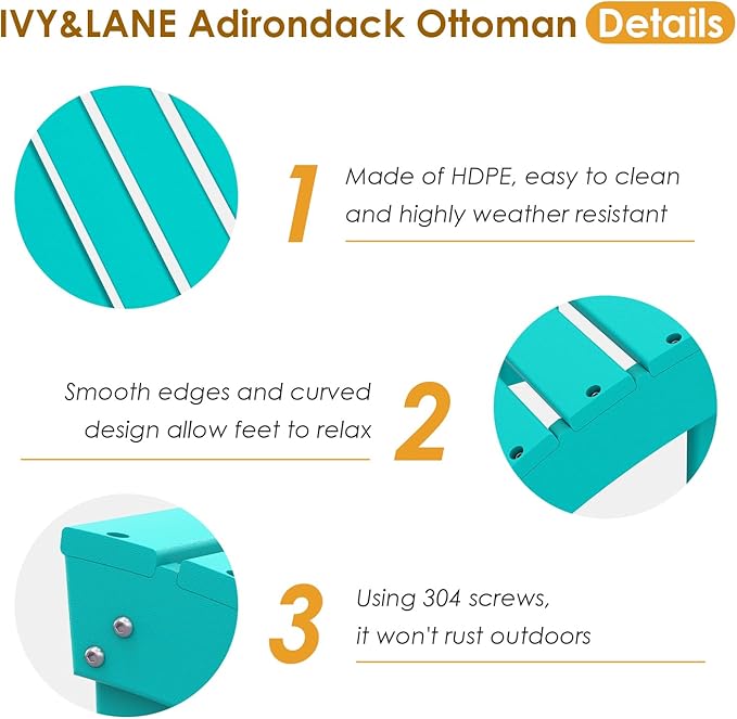 IVY&LANE Outdoor Adirondack Ottoman | Folding | Set of 2 | HDPE | Aqua | All Weather | Waterproof Patio Footrest for Adirondack Chair | Poly Lumber Foot Rest for Deck Backyard