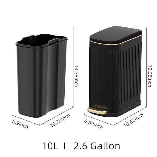 KSSKSS Slim Stainless Steel Desk Wastebasket – Matte Black (2.6 Gal)