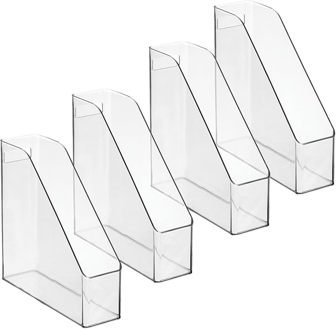 mDesign Plastic Slim Vertical File Folder Storage Organizer Bin with Handle, Hold Notebooks, Binders, Envelopes, Magazines for Home Office, Work Desktops, Ligne Collection, 4 Pack, Clear