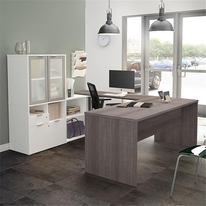 Atlin Designs Contemporary Wood U Shape Computer Desk, 56.8" H x 71.1" W x 88.6" D, Melamine & Particle Board, Bark Gray/White Finish, Hutch with Frosted Glass Doors, Lockable Drawers, Home Office